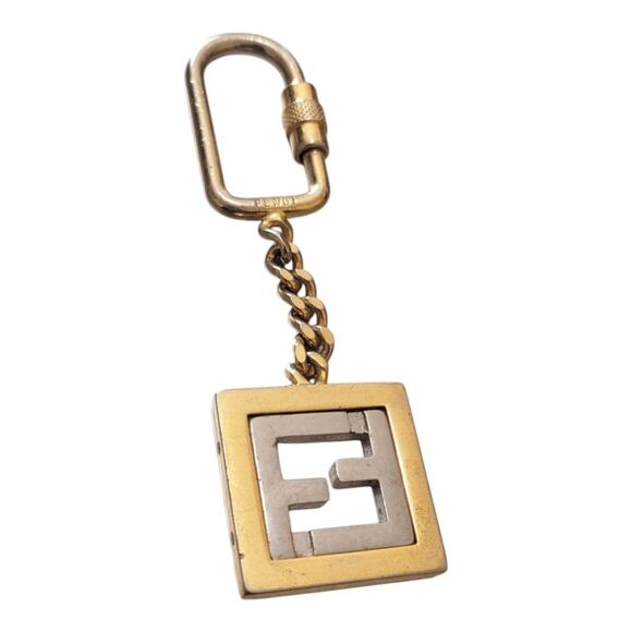Vintage FENDI FF Metal Gold Silver Logo Keychain Key Fob Charm - Picture 2 of 3